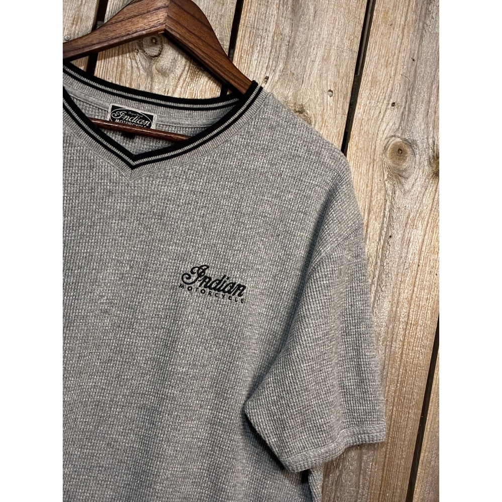 Indian Motorcycle Mens XL Gray Waffle Knit V-Neck Short Sleeve Thermal Shirt